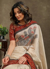Brown & Cream Leaf Designer Linen Saree
