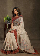 Brown & Cream Leaf Designer Linen Saree