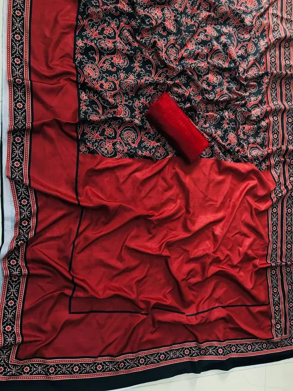 Red Ajrakh Designer Linen saree With Blouse Piece
