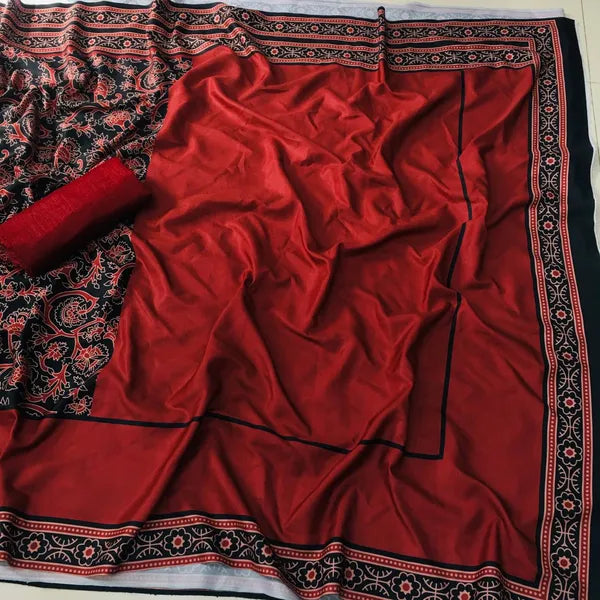 Red Ajrakh Designer Linen saree With Blouse Piece