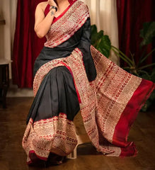 Black & Red Designer Kalamkari Cotton Linen Saree