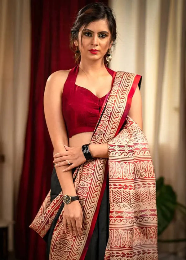 Black & Red Designer Kalamkari Cotton Linen Saree