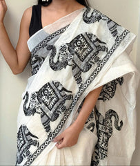 Pure White Elephant Design Cotton Linen Saree