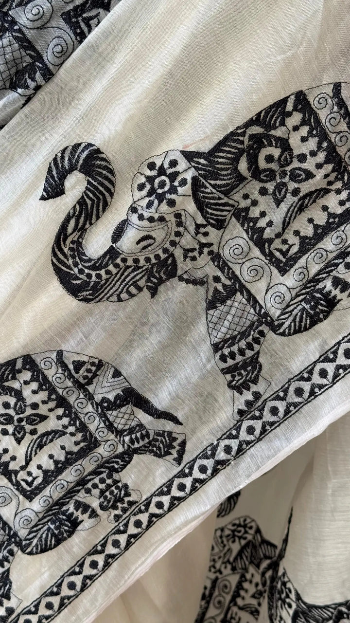 Pure White Elephant Design Cotton Linen Saree