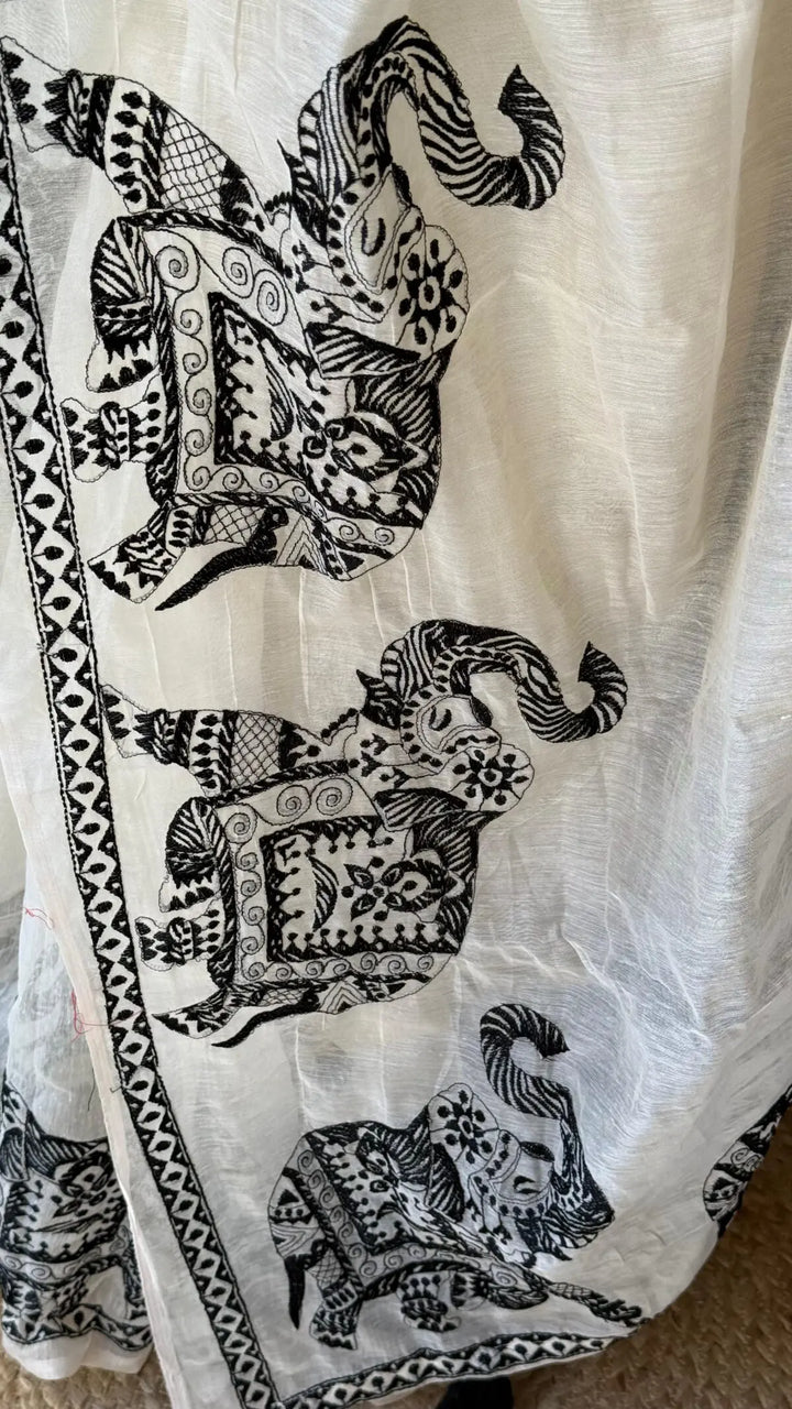 Pure White Elephant Design Cotton Linen Saree