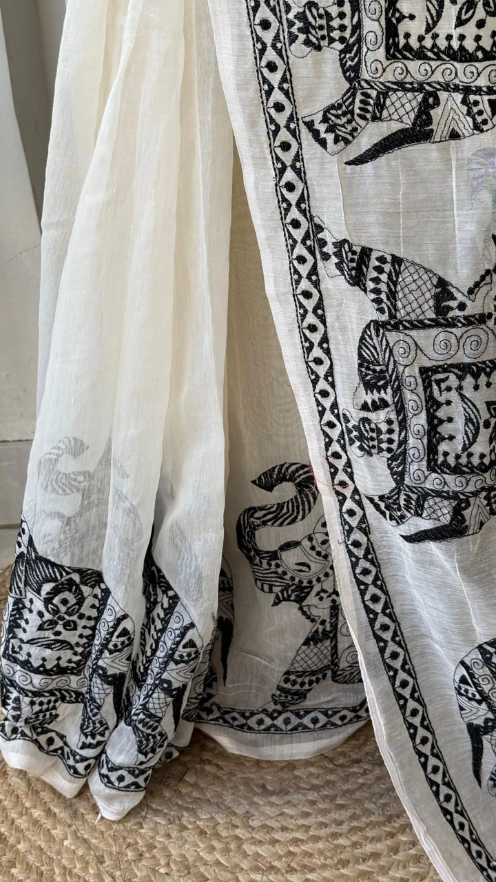 Pure White Elephant Design Cotton Linen Saree