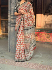 Block Design Cotton Linen Saree