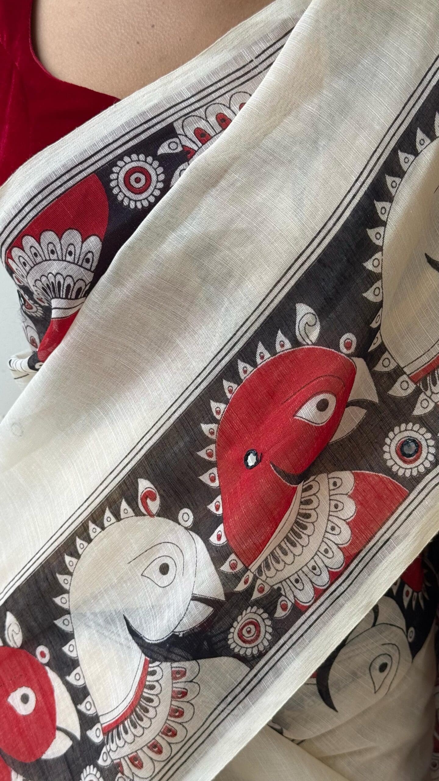 kalamkari Design White & Red Cotton Linen Saree
