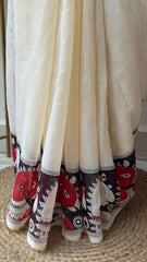 kalamkari Design White & Red Cotton Linen Saree