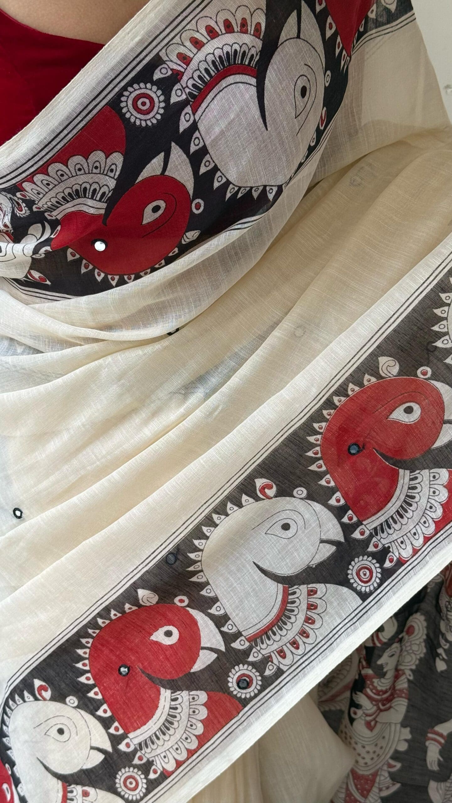 kalamkari Design White & Red Cotton Linen Saree
