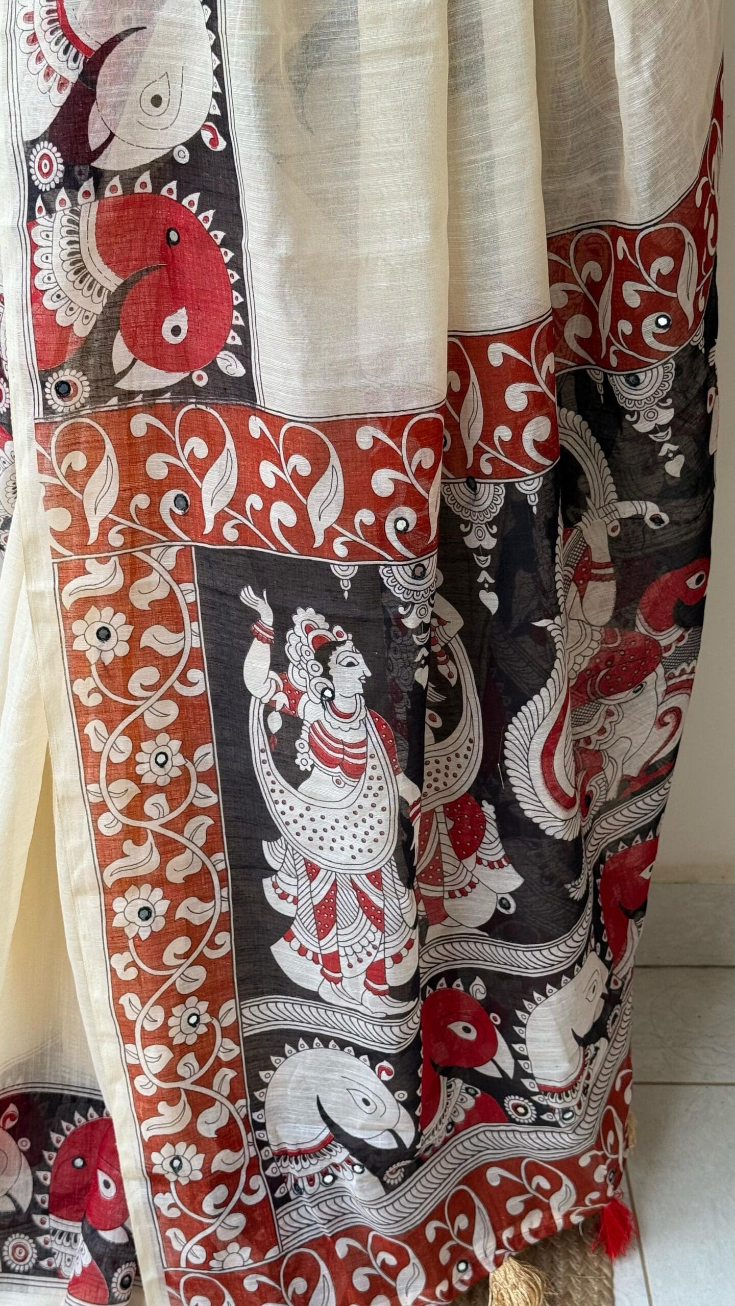 kalamkari Design White & Red Cotton Linen Saree