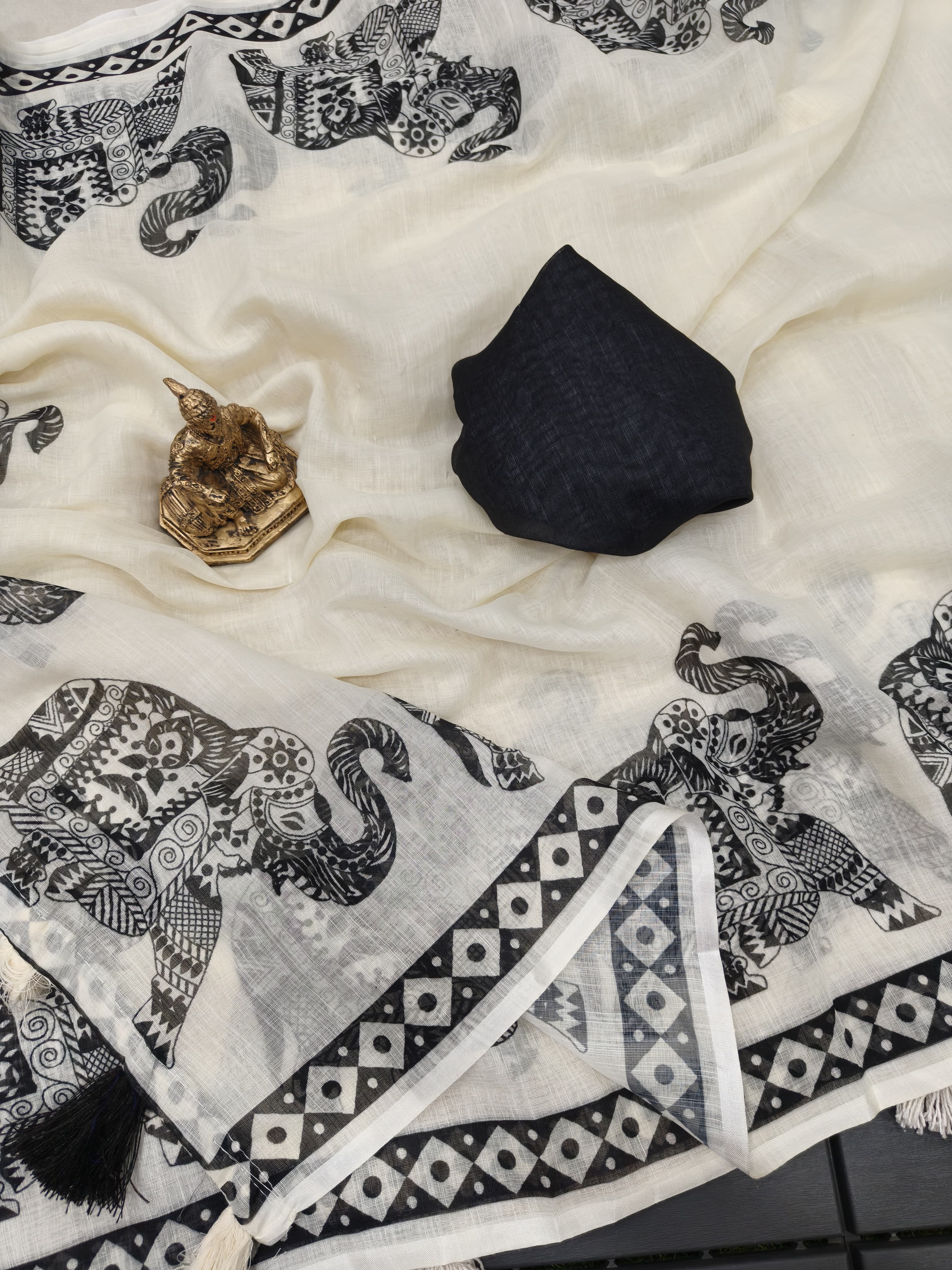 Pure White Elephant Design Cotton Linen Saree