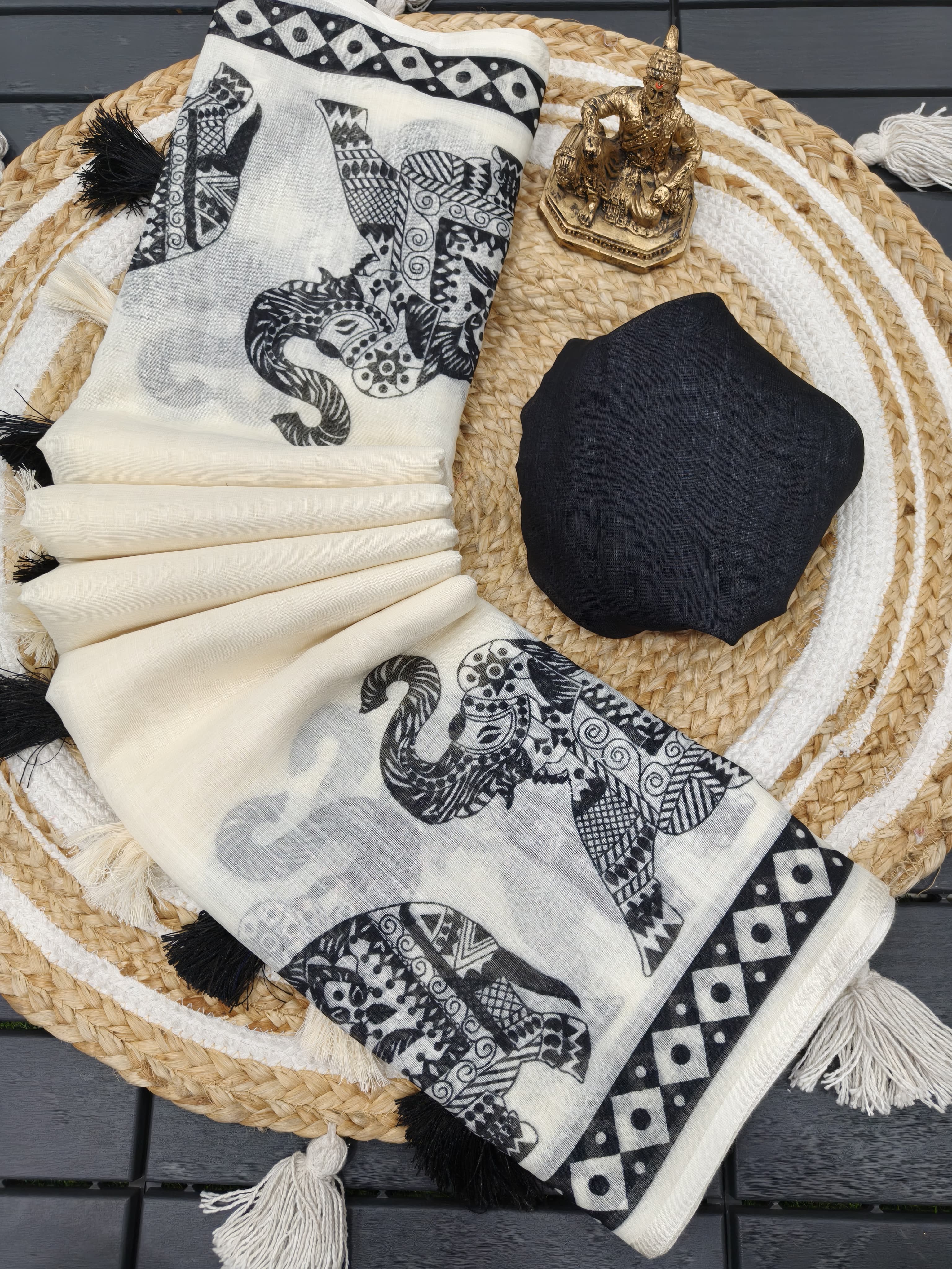 Pure White Elephant Design Cotton Linen Saree