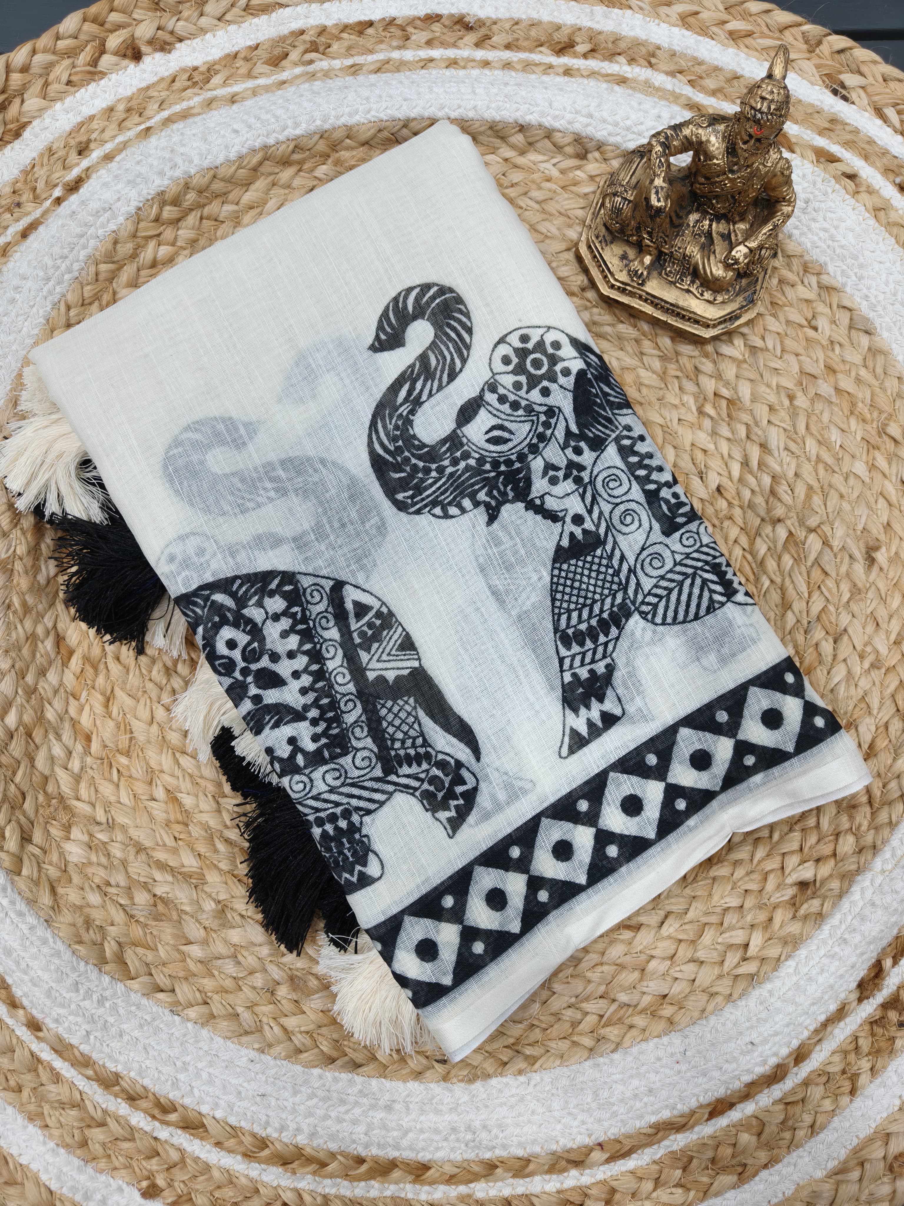 Pure White Elephant Design Cotton Linen Saree