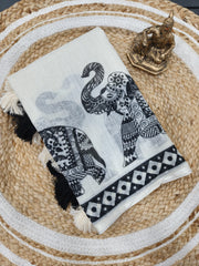 Pure White Elephant Design Cotton Linen Saree
