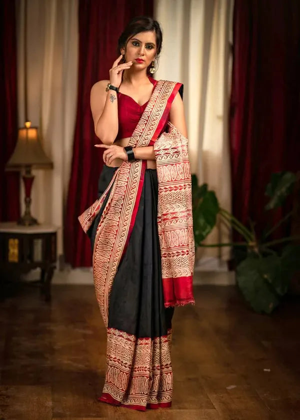 Black & Red Designer Kalamkari Cotton Linen Saree