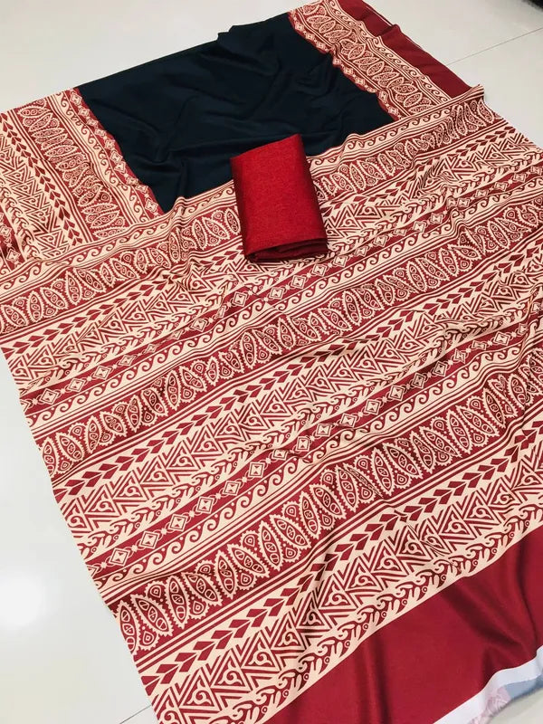 Black & Red Designer Kalamkari Cotton Linen Saree