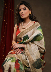 Beige Leaf Designer Linen Saree
