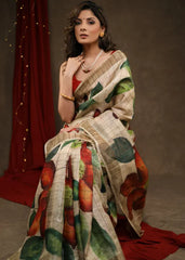 Beige Leaf Designer Linen Saree